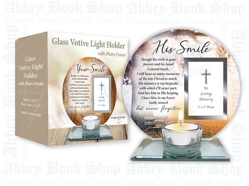 Glass Votive Light Holder Photo – His Smile (6″)